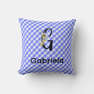 Monogram watercolor flower gingham blue pattern cushion