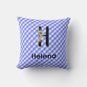 Monogram watercolor flower gingham blue pattern cushion