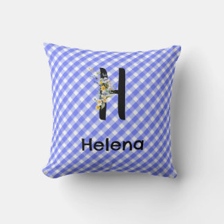 Monogram watercolor flower gingham blue pattern cushion