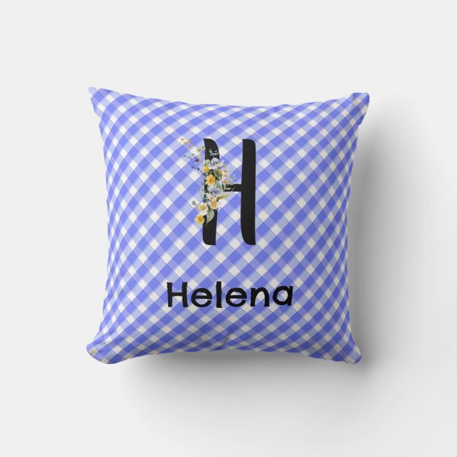 Monogram watercolor flower gingham blue pattern cushion (Front)