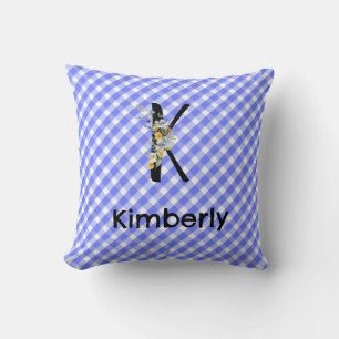 Monogram watercolor flower gingham blue pattern cushion