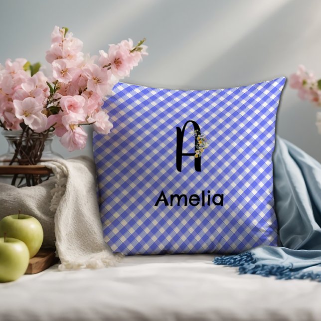Monogram watercolor flower gingham blue pattern cushion (Creator Uploaded)