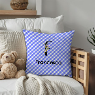 Monogram watercolor flower gingham blue pattern cushion