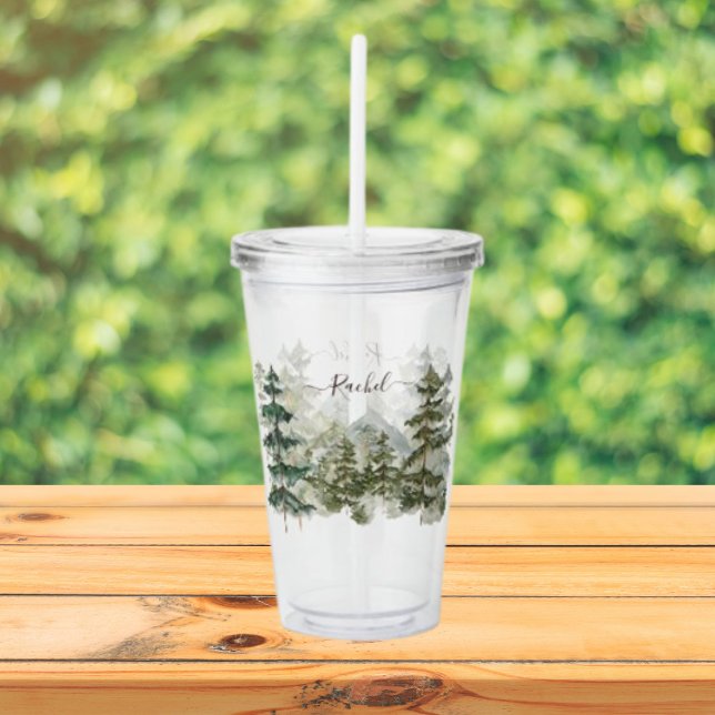 Monogram Watercolor Forest and mountain Rustic Acrylic Tumbler (Close up outdoor)