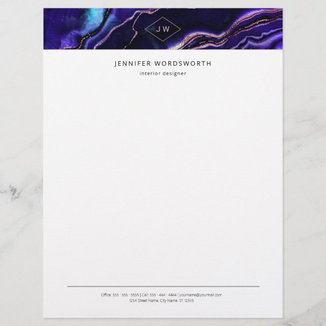 Monogram Watercolor Geode Deep Blue Purple Agate Custom Letterhead (Front)