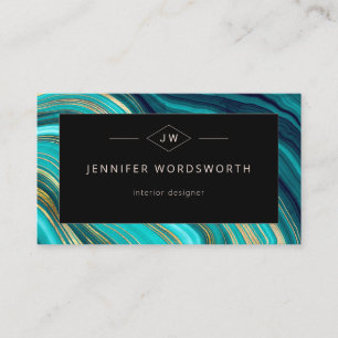 Monogram Watercolor Geode Green Agate Malachite Business Card