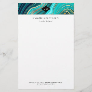 Monogram Watercolor Geode Green Agate Malachite Stationery