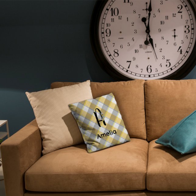 Monogram watercolor  gingham yellow  grey pattern cushion (Creator Uploaded)