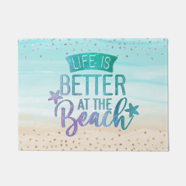 Monogram Watercolor Glitter Life Is Better Beach Doormat (Front)