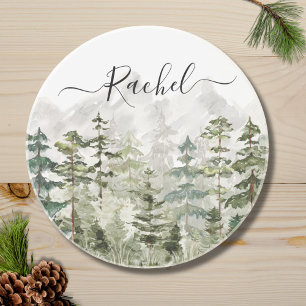 Monogram Watercolor Green Pine Forest on Mountain Coaster