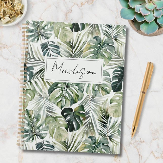 Monogram Watercolor Green Tropical Leaves Pattern Notebook (In situ)