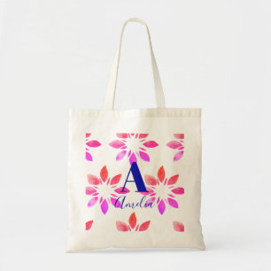 Monogram Watercolor Hot Pink Retro Flower Tote Bag