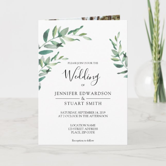 Monogram watercolor leaves photo wedding invitation (Front)