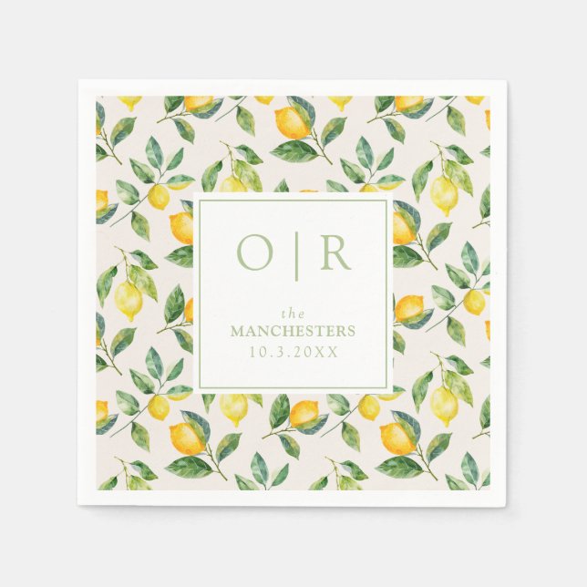 Monogram Watercolor Lemon Wedding Napkin (Front)
