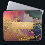 Monogram watercolor marble gold purple blue green laptop sleeve<br><div class="desc">A sparkly, faux gold foil band with your script typography name overlays a rich, gold veined, navy blue, hunter green, pink, and purple watercolor background on this elegant, trendy, girly, custom name neoprene laptop sleeve. Makes a fun and stylish statement every time you use it. This laptop sleeve comes in...</div>