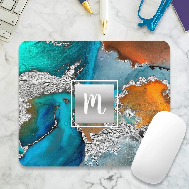 Monogram watercolor marble silver turquoise orange mouse mat (Creator Uploaded)