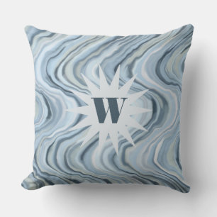 Monogram watercolor nautical blue grey stripe wave cushion