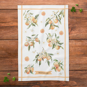 Monogram Watercolor Orange Floral Botanical Tea Towel