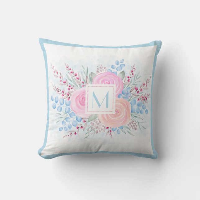 Monogram Watercolor Pastel Pink Roses Blue Leaves Cushion (Front)