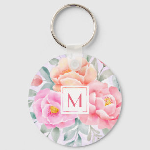 Monogram Watercolor Peonies Roses Pink Floral Boho Key Ring