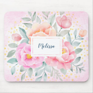 Monogram Watercolor Peonies Roses Pink Floral Mouse Mat