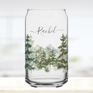 Monogram Watercolor Pine Forest mountain Aesthetic Can Glass