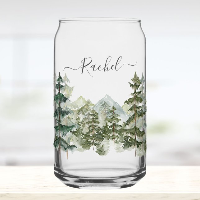 Monogram Watercolor Pine Forest mountain Aesthetic Can Glass (In situ)