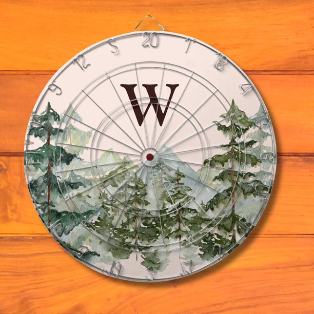 Monogram Watercolor Pine Forest & Mountain Rustic Dartboard (In situ)