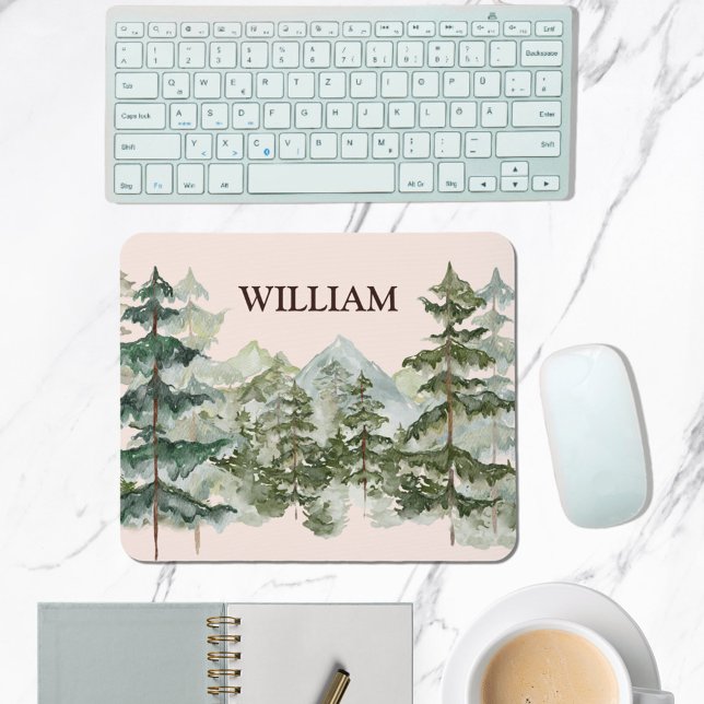 Monogram Watercolor Pine Forest & Mountain Rustic Mouse Mat (In situ office desk)