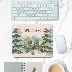 Monogram Watercolor Pine Forest & Mountain Rustic Mouse Mat