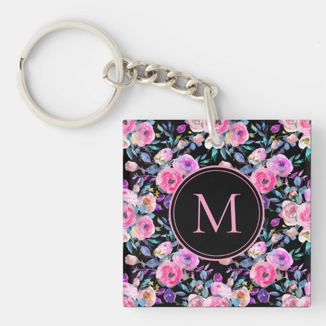Monogram Watercolor Pink Black Floral Keychain (Front)