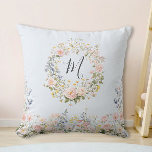 Monogram Watercolor Pink Blue Flowers Floral  Cushion