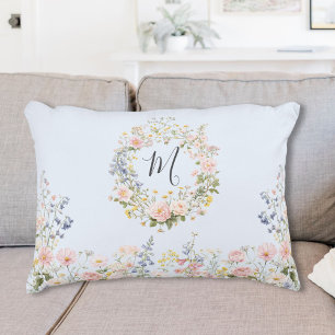 Monogram Watercolor Pink Blue Flowers Floral  Decorative Cushion