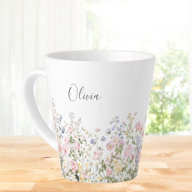 Monogram Watercolor Pink Blue Flowers Floral  Latte Mug (In situ)