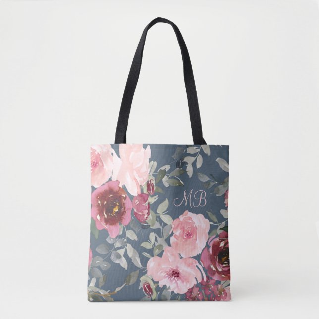Monogram Watercolor Pink Burgundy Modern Floral Tote Bag (Front)