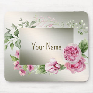 Monogram Watercolor Pink Floral Frame Shiny Bronze Mouse Mat