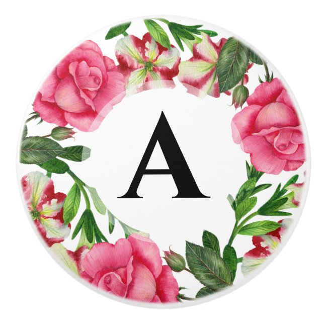 Monogram Watercolor Pink Floral Wreath Painting Ceramic Knob (Front)