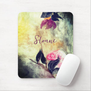 Monogram Watercolor Pink Flowers Black Leaves Mouse Mat