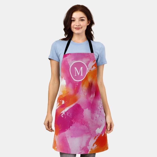 Monogram Watercolor Pink Orange Abstract Apron (Worn)