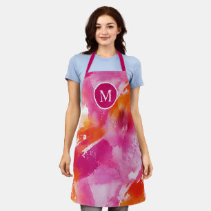 Monogram Watercolor Pink Orange Abstract Apron