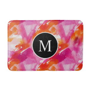 Monogram Watercolor Pink Orange Abstract Bath Mat