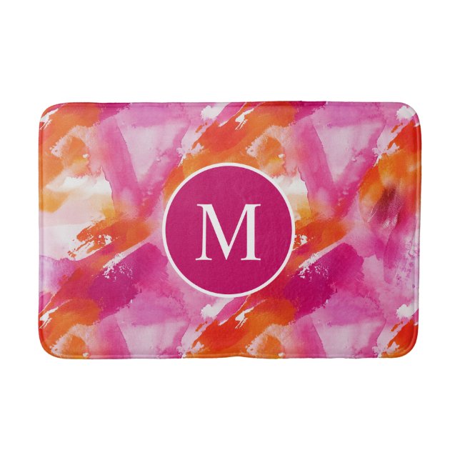 Monogram Watercolor Pink Orange Abstract Bath Mat (Front)