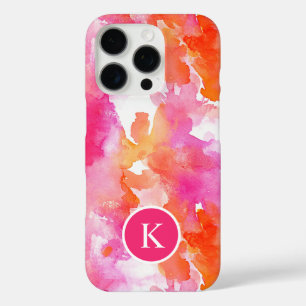 Monogram Watercolor Pink Orange Abstract iPhone 16 Pro Case
