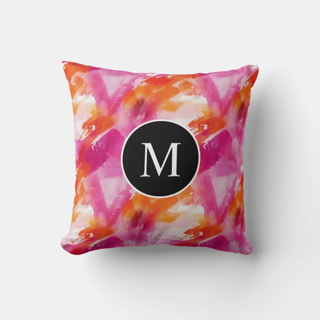 Monogram Watercolor Pink Orange Abstract Cushion (Front)