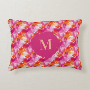 Monogram Watercolor Pink Orange Abstract Decorative Cushion