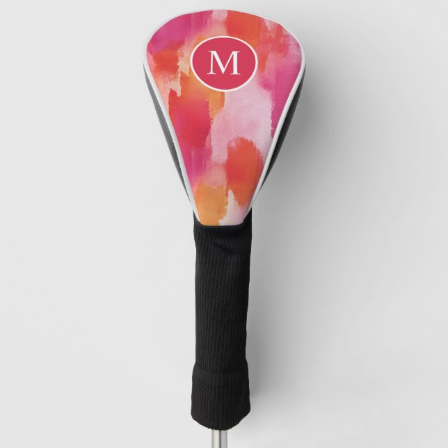 Monogram Watercolor Pink Orange Abstract Golf Head Cover (Front)