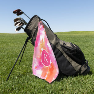 Monogram Watercolor Pink Orange Abstract Golf Towel