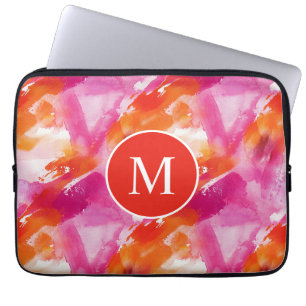 Monogram Watercolor Pink Orange Abstract Laptop Sleeve