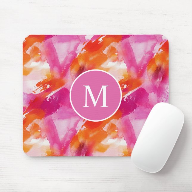 Monogram Watercolor Pink Orange Abstract Mouse Mat (With Mouse)