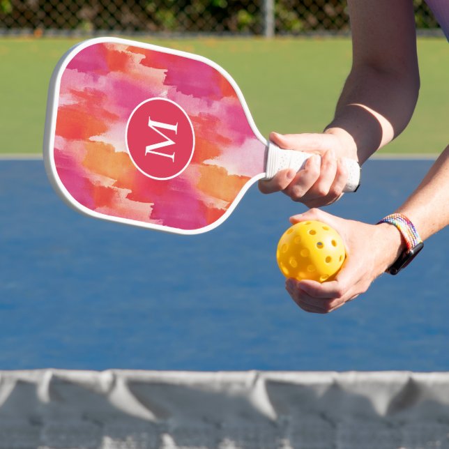 Monogram Watercolor Pink Orange Abstract Pickleball Paddle (Insitu)